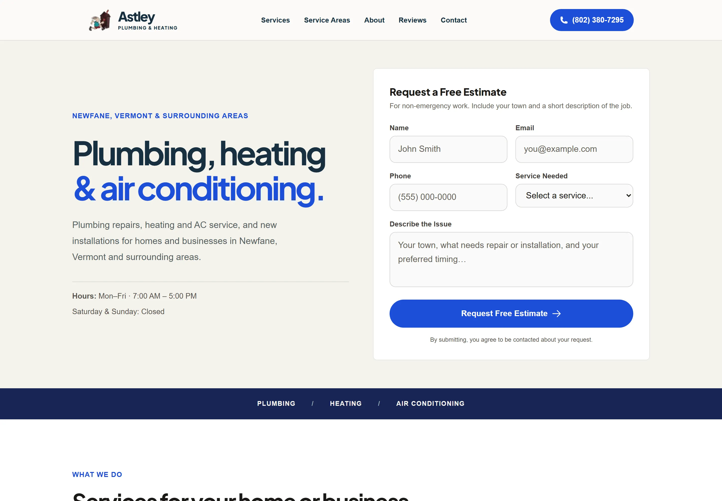 Astley homepage redesign in blue and cream, with service information beside the estimate-request form