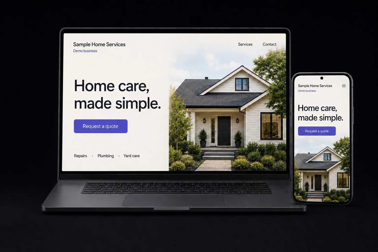Demo service-business website on a laptop and phone, showing services and a clear request-a-quote button on both screens.