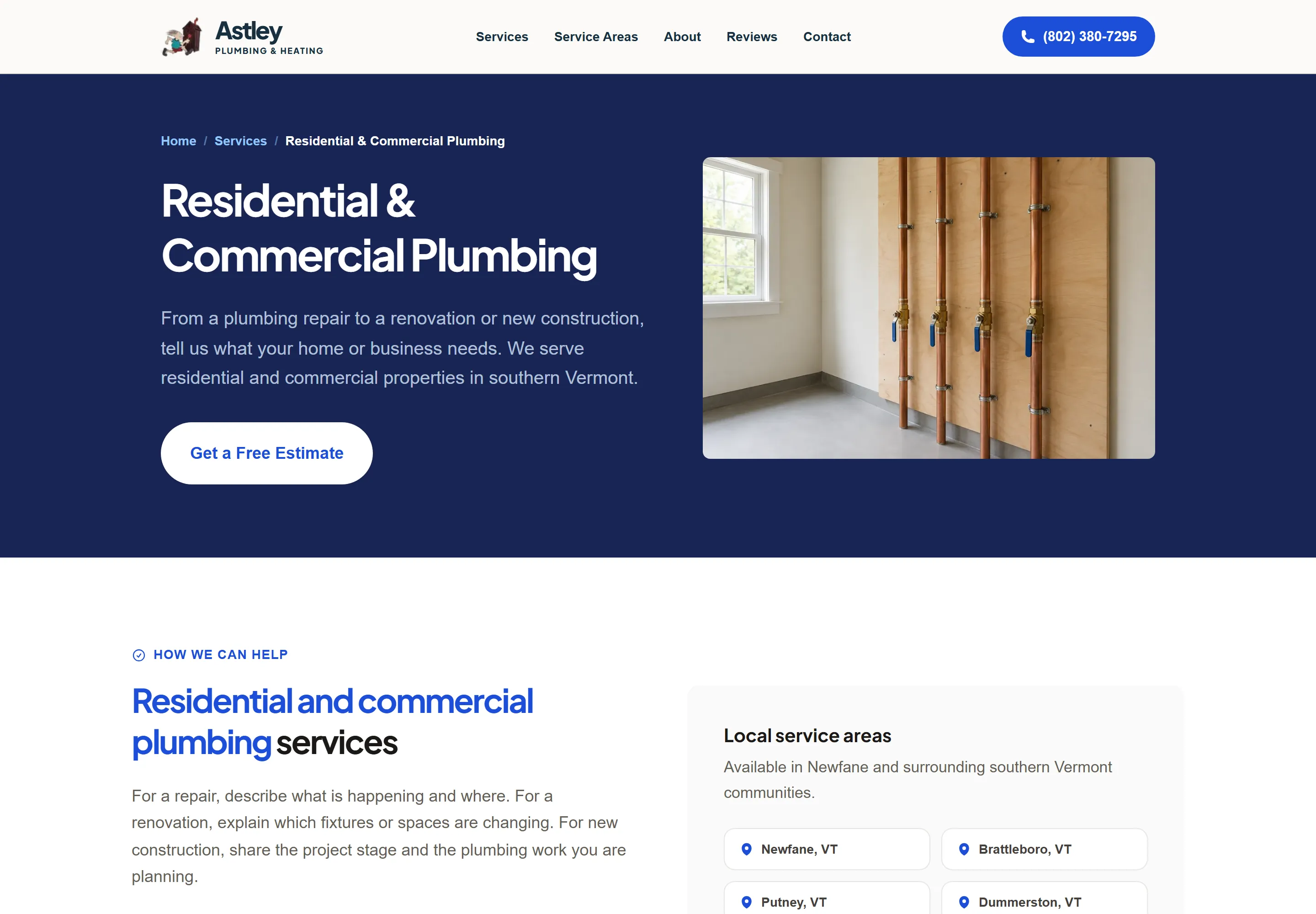 Astley plumbing service-page redesign with copper-pipe imagery, residential and commercial service details, and a Get a Free Estimate button