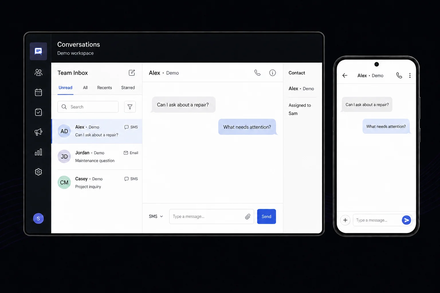 Fictional SMS and email conversations in a desktop team inbox beside a matching mobile conversation with a demo contact.