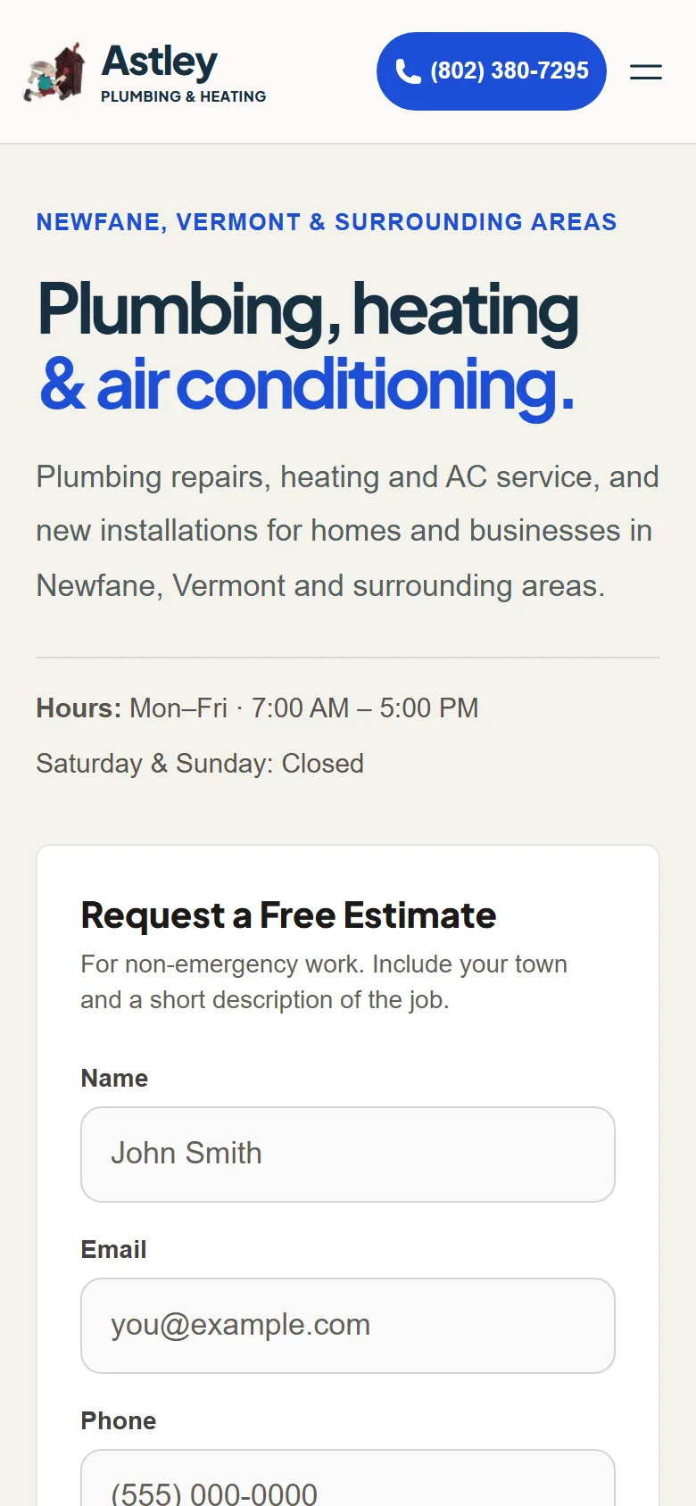 Astley mobile homepage redesign with a full phone-number call button and estimate form below the service introduction