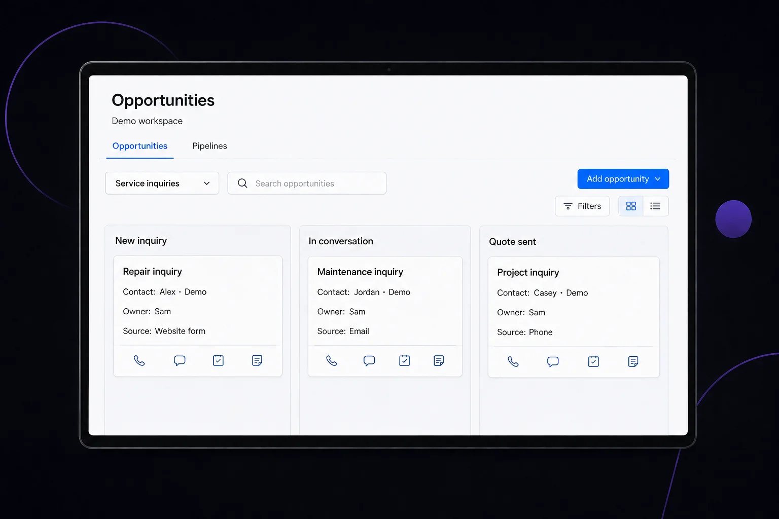 Conceptual sales pipeline with fictional opportunities in New inquiry, In conversation, and Quote sent stages, including contact, owner, and source.