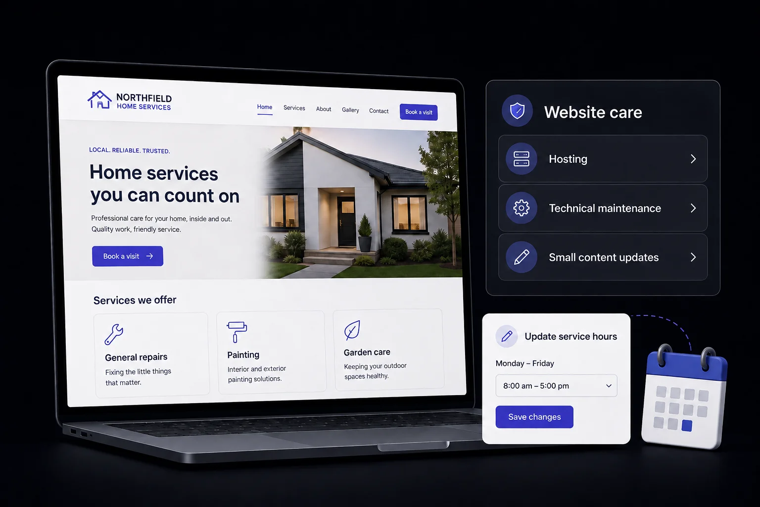 Fictional home-services website beside hosting, technical maintenance, and content update tools, with an example service-hours edit.