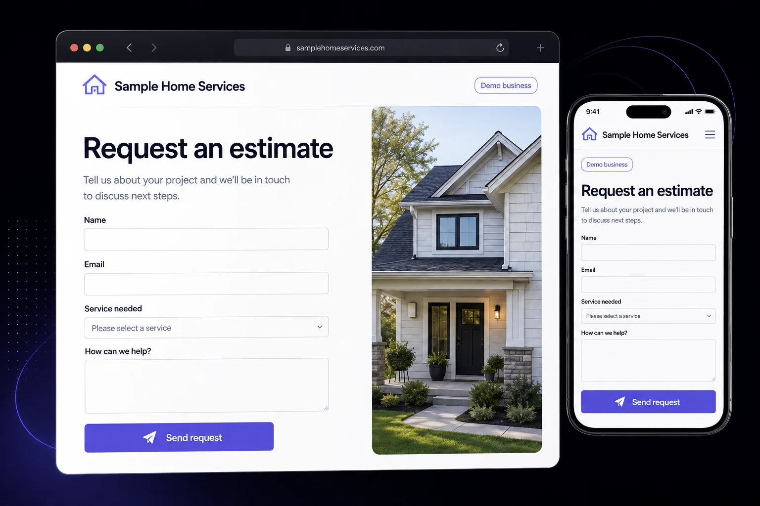 Unfilled demo estimate request form on desktop and phone with name, email, service needed, and message fields.