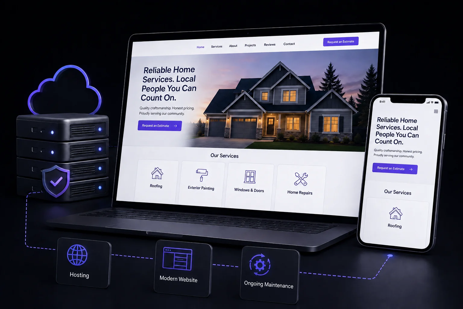 Example managed website package with a service-business site on laptop and phone and website care symbols.