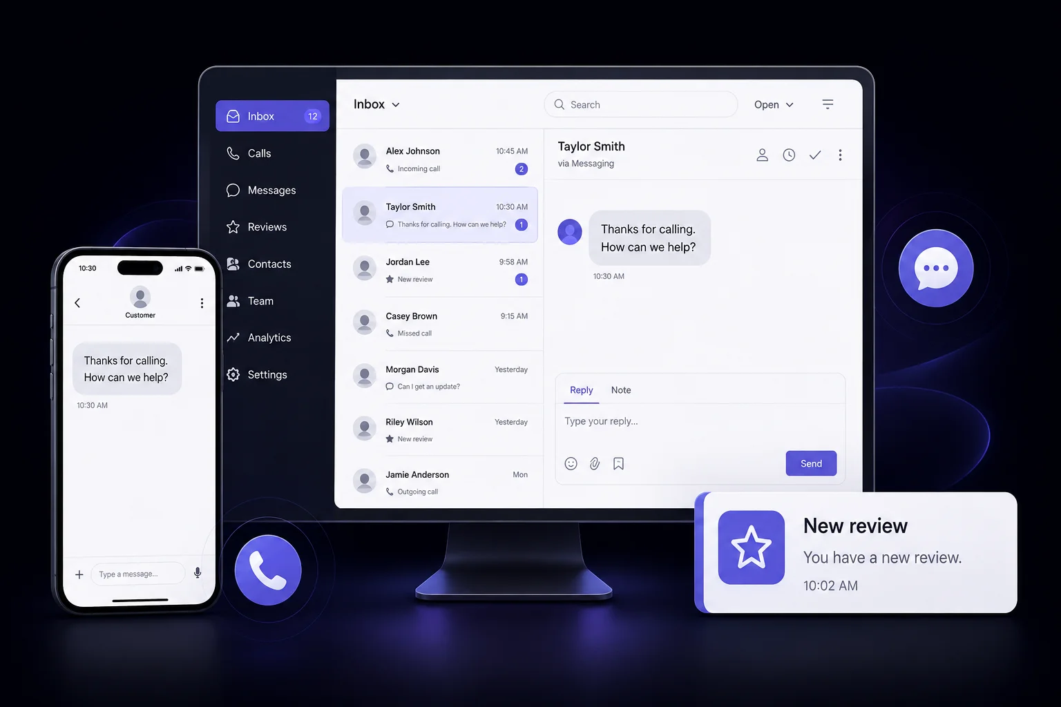 Example customer connection tools combining a shared inbox, a received customer text, calls, and a new-review notification.
