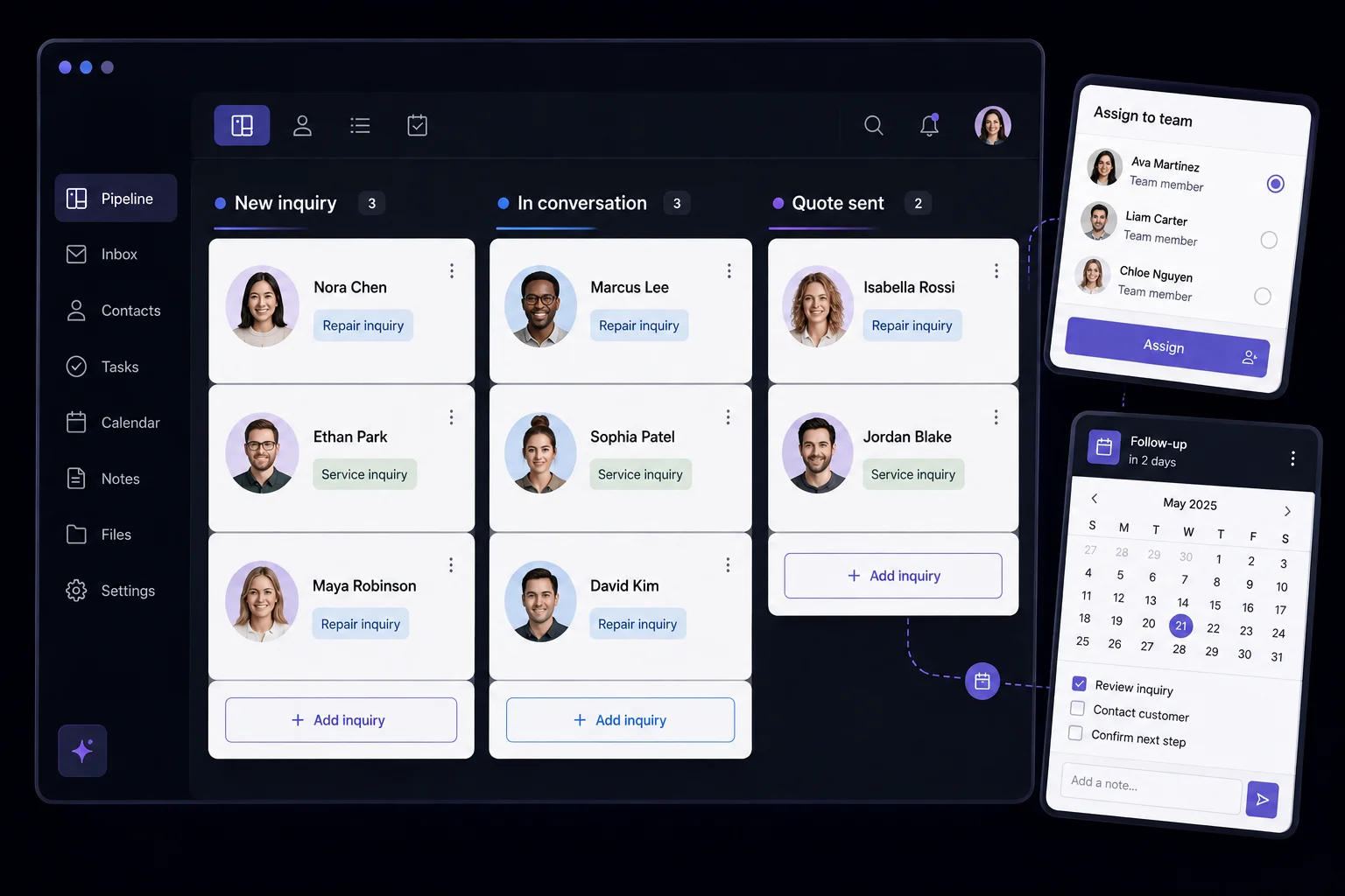Example sales system with a lead pipeline, team assignment, and a follow-up task.