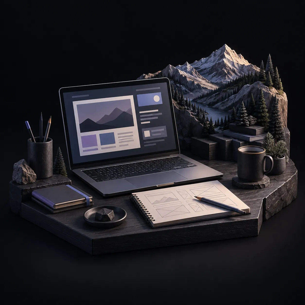 Illustration of a website design workbench with a laptop, sketches, and miniature mountains and pine trees