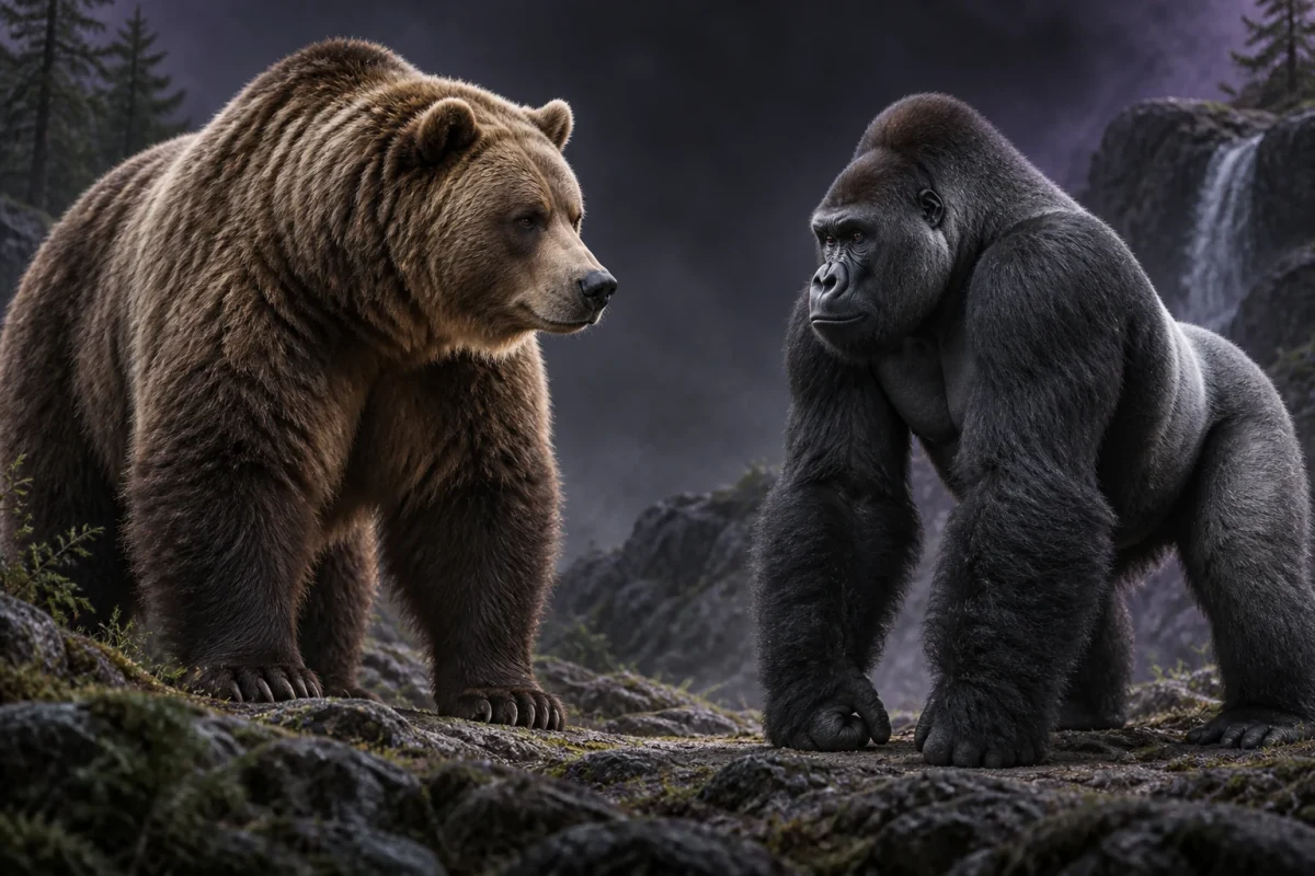 Editorial illustration of a grizzly bear facing a silverback gorilla for a hypothetical comparison.