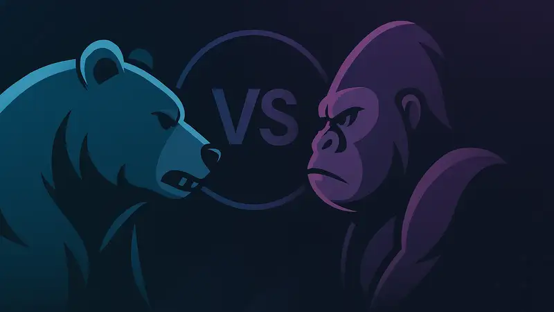 Artistic representation of a bear and gorilla in fighting stances