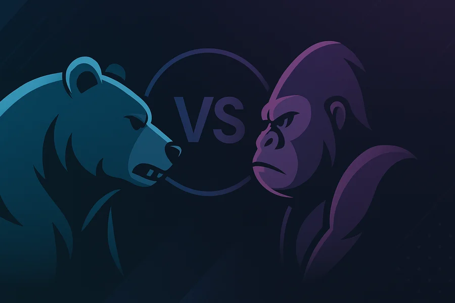 Artistic representation of a bear and gorilla in fighting stances