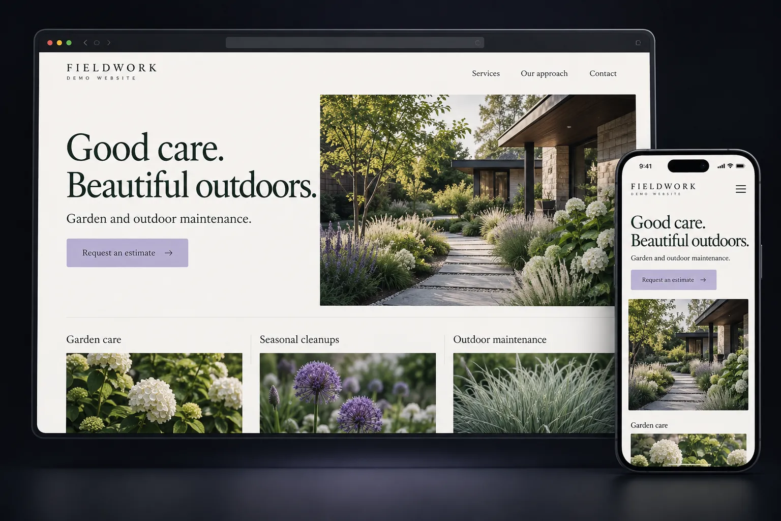Fictional Fieldwork garden-care website concept shown in a desktop browser and matching mobile layout