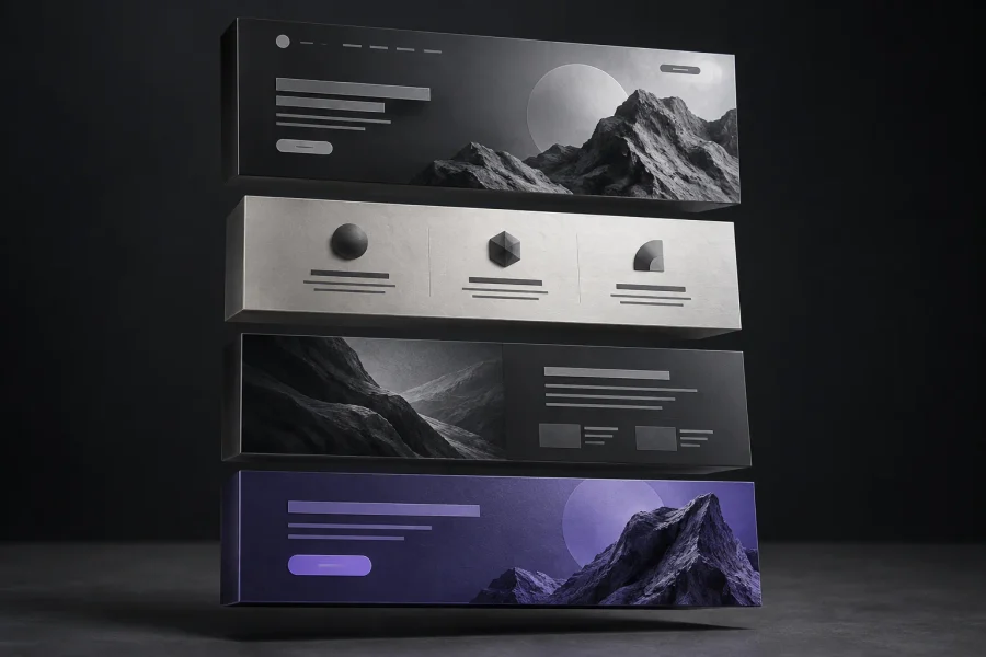 Four layered website sections illustrating a clear homepage structure. Four layered website sections illustrating a clear homepage structure.