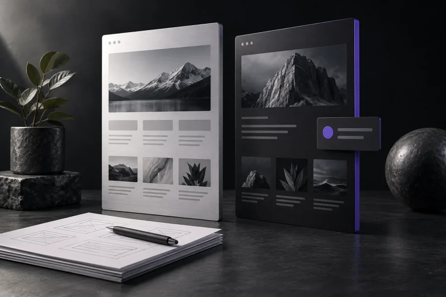 Silver and purple website models beside planning sheets, illustrating a comparison of website scope. Silver and purple website models beside planning sheets, illustrating a comparison of website scope.