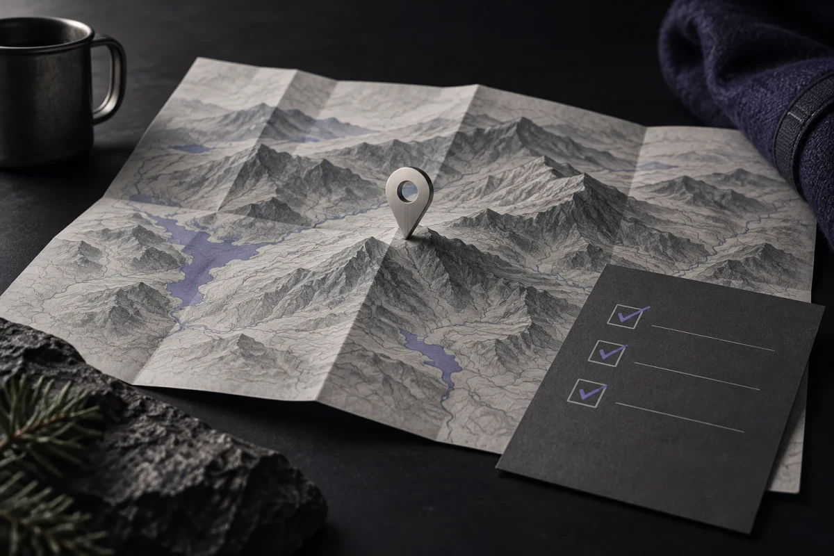 A folded regional map, location pin and checklist for local search preparation. A folded regional map, location pin and checklist for local search preparation.