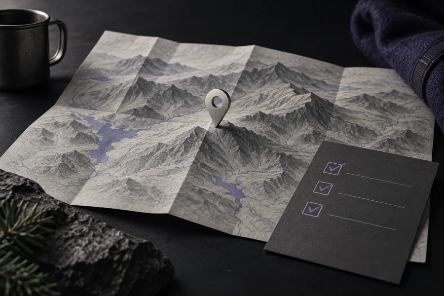 A folded regional map, location pin and checklist for local search preparation.