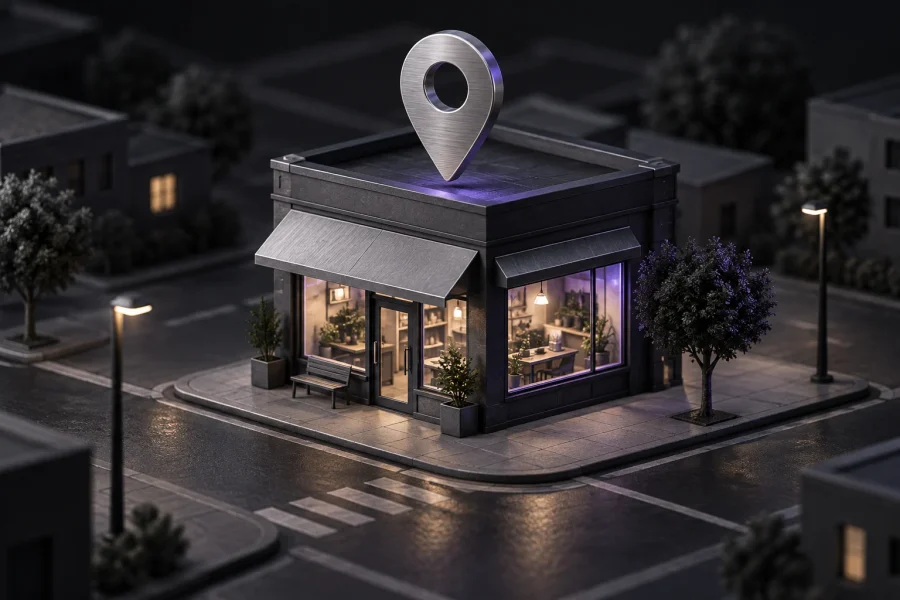 A small service-business building and location pin on a simplified local map. A small service-business building and location pin on a simplified local map.