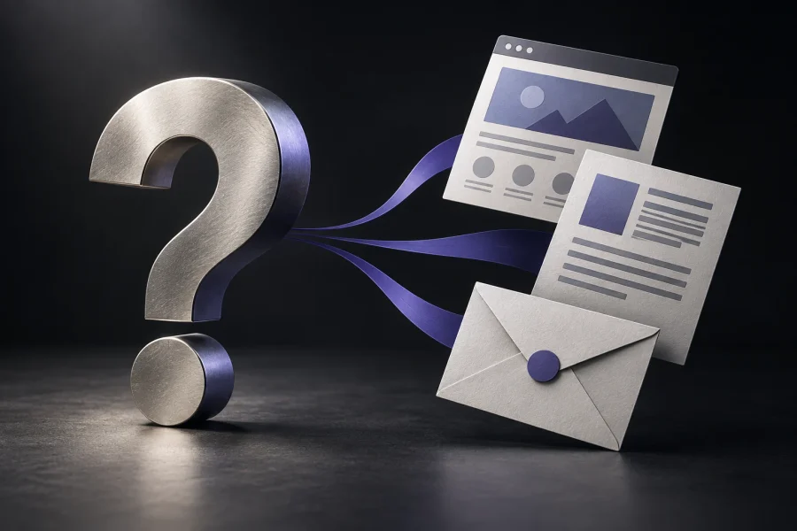 One buyer question beside website, article and email content shapes. One buyer question beside website, article and email content shapes.