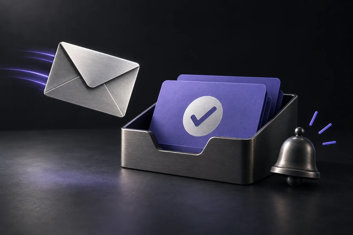An envelope, acknowledgment card and alert bell illustrating an inquiry confirmation.
